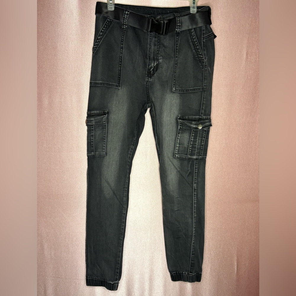 Y2K Washed Black Skinny Cargo Pants w/ Elastic Hem | Women’s Size 14 |